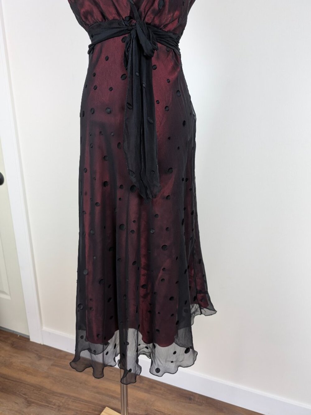 Jonathan Martin Silk A-Line Midi Dress Size 10 Black Red Polka Dots Y2K - Picture 7 of 15
